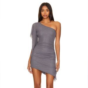 Superdown Sarah mini dress gray sparkle one shoulder sheer party club Revolve XS